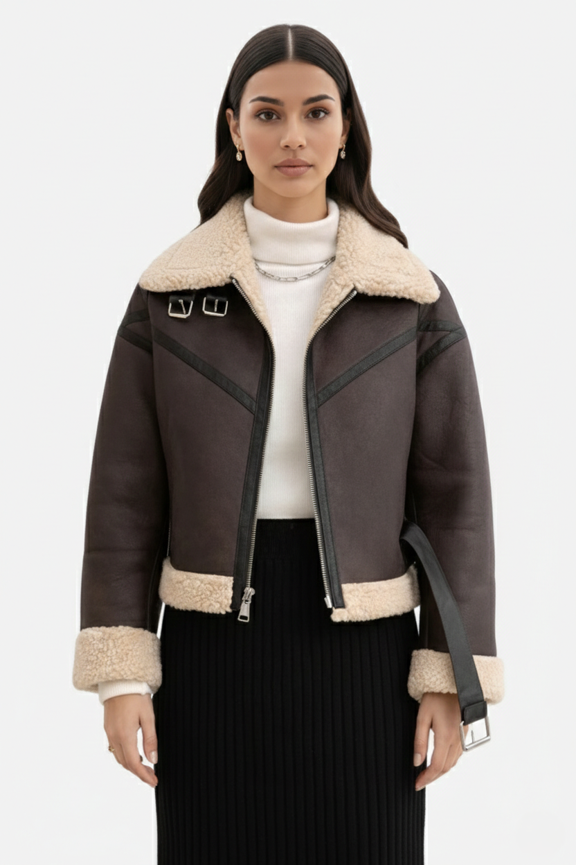 Cropped Faux Leather Aviator Jacket Shearling Lined Buckle Strap Zip Front