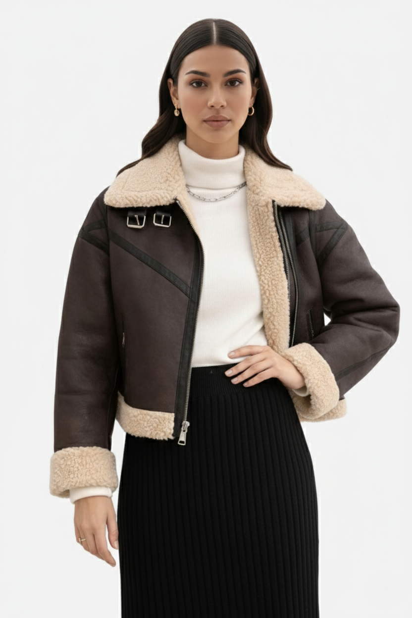 Cropped Faux Leather Aviator Jacket Shearling Lined Buckle Strap Zip Front