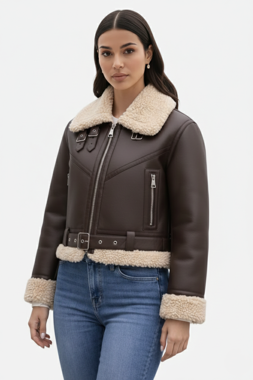 Cropped Faux Leather Aviator Jacket Shearling Lined Buckle Strap Zip Front