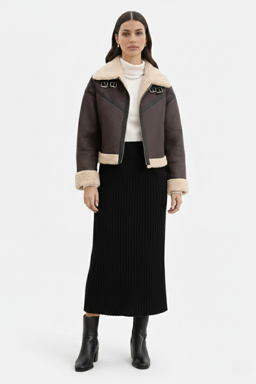 Cropped Faux Leather Aviator Jacket Shearling Lined Buckle Strap Zip Front