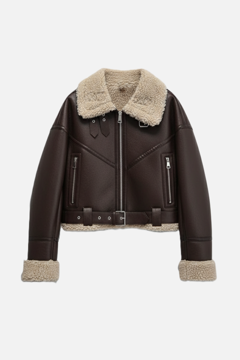 Cropped Faux Leather Aviator Jacket Shearling Lined Buckle Strap Zip Front