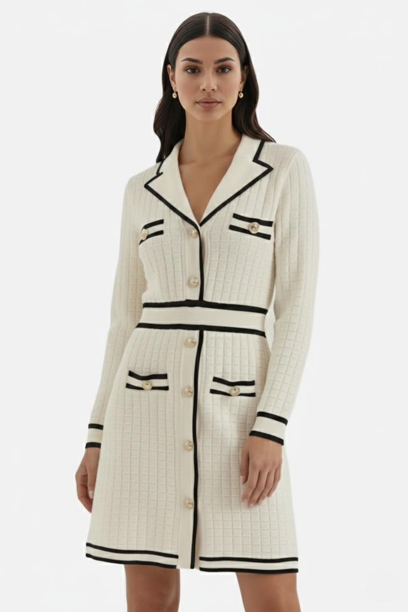 Contrast Trim Knit Cardigan Dress Long Sleeve Button Down with Metallic Buttons