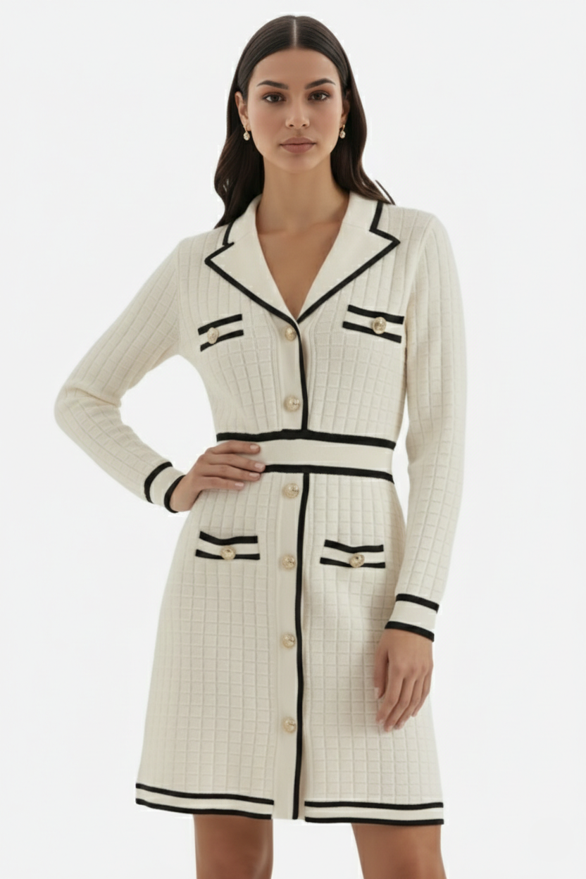 Contrast Trim Knit Cardigan Dress Long Sleeve Button Down with Metallic Buttons