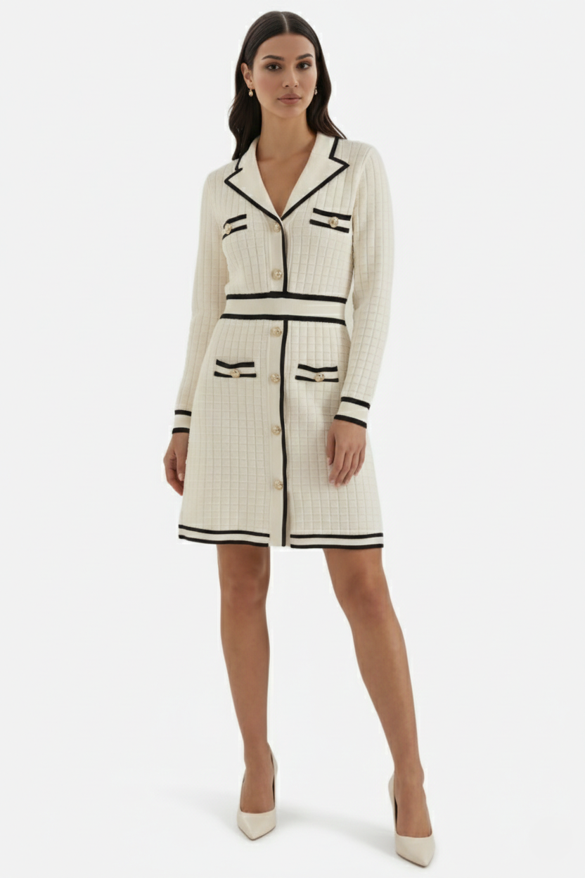 Contrast Trim Knit Cardigan Dress Long Sleeve Button Down with Metallic Buttons