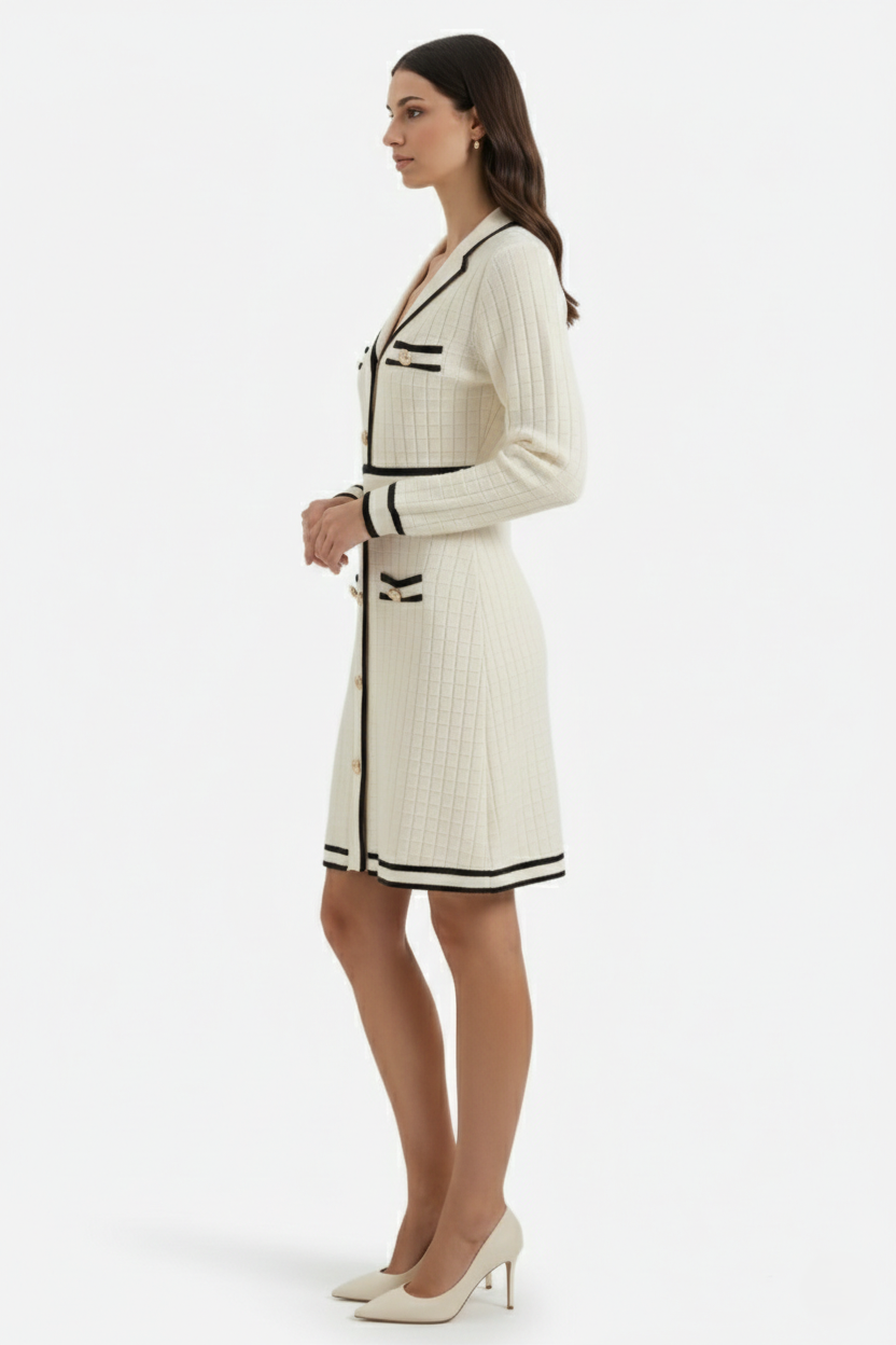 Contrast Trim Knit Cardigan Dress Long Sleeve Button Down with Metallic Buttons