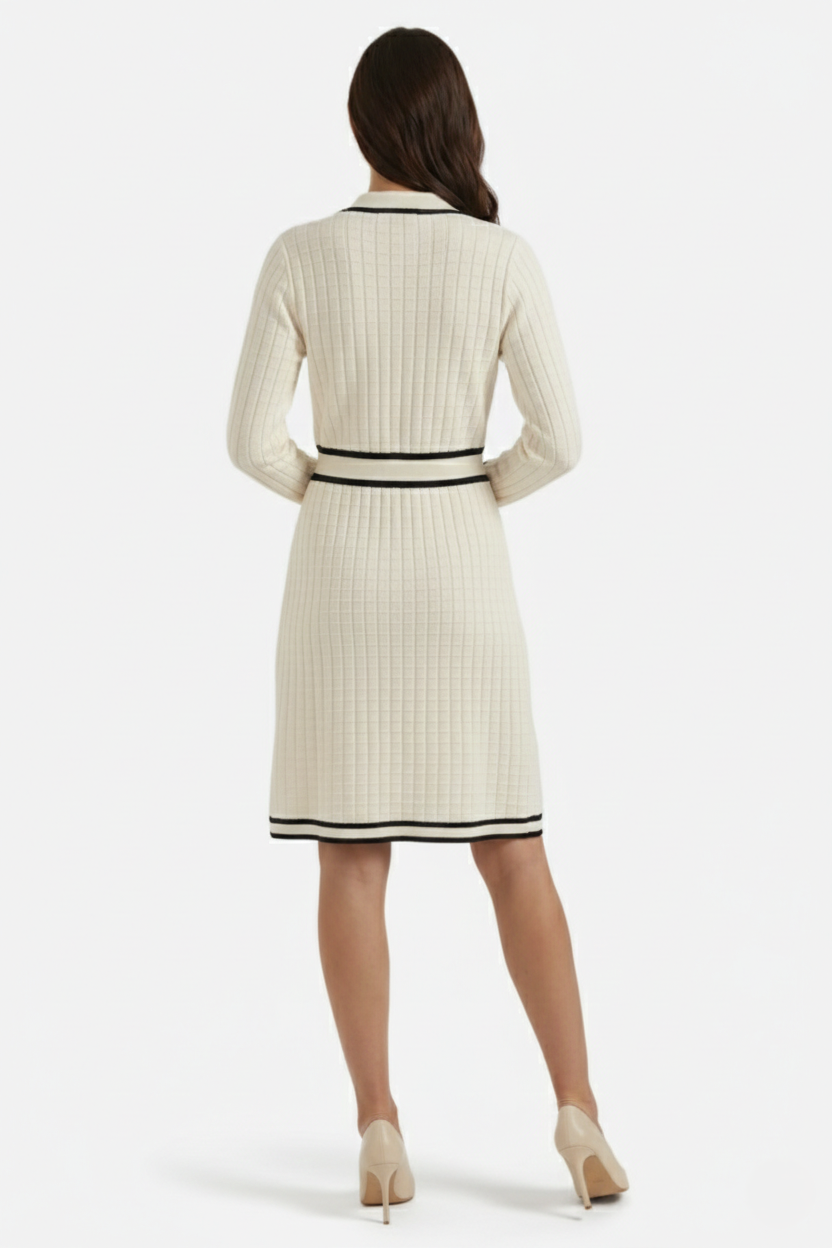 Contrast Trim Knit Cardigan Dress Long Sleeve Button Down with Metallic Buttons