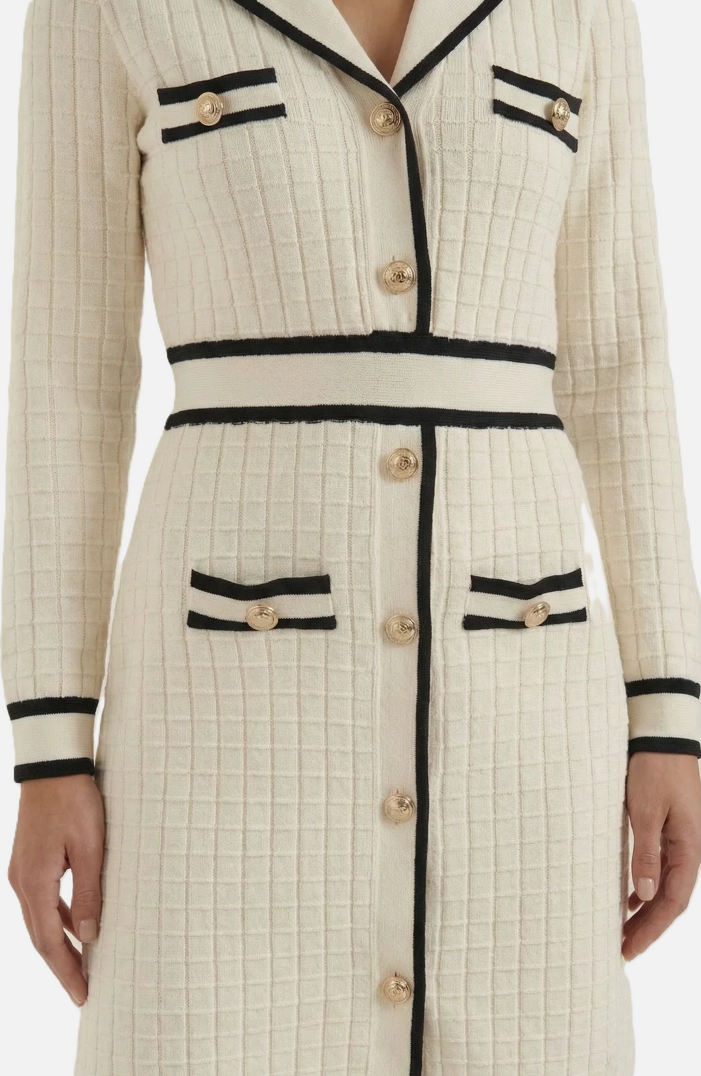 Contrast Trim Knit Cardigan Dress Long Sleeve Button Down with Metallic Buttons