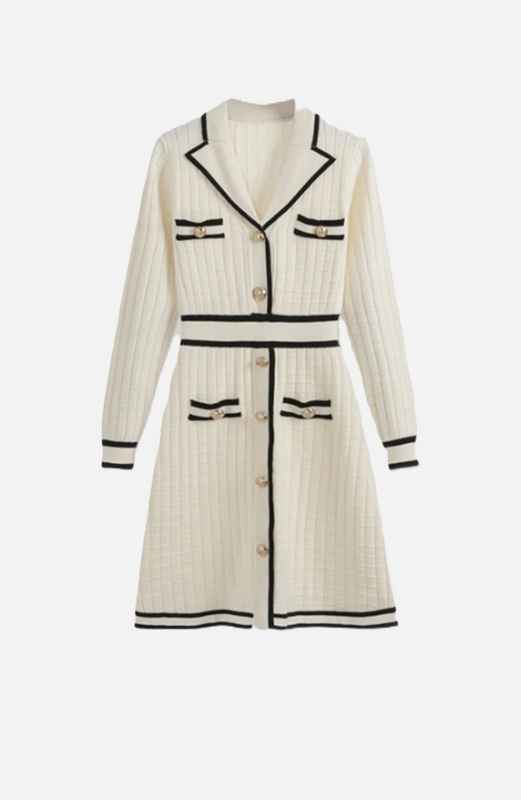 Contrast Trim Knit Cardigan Dress Long Sleeve Button Down with Metallic Buttons