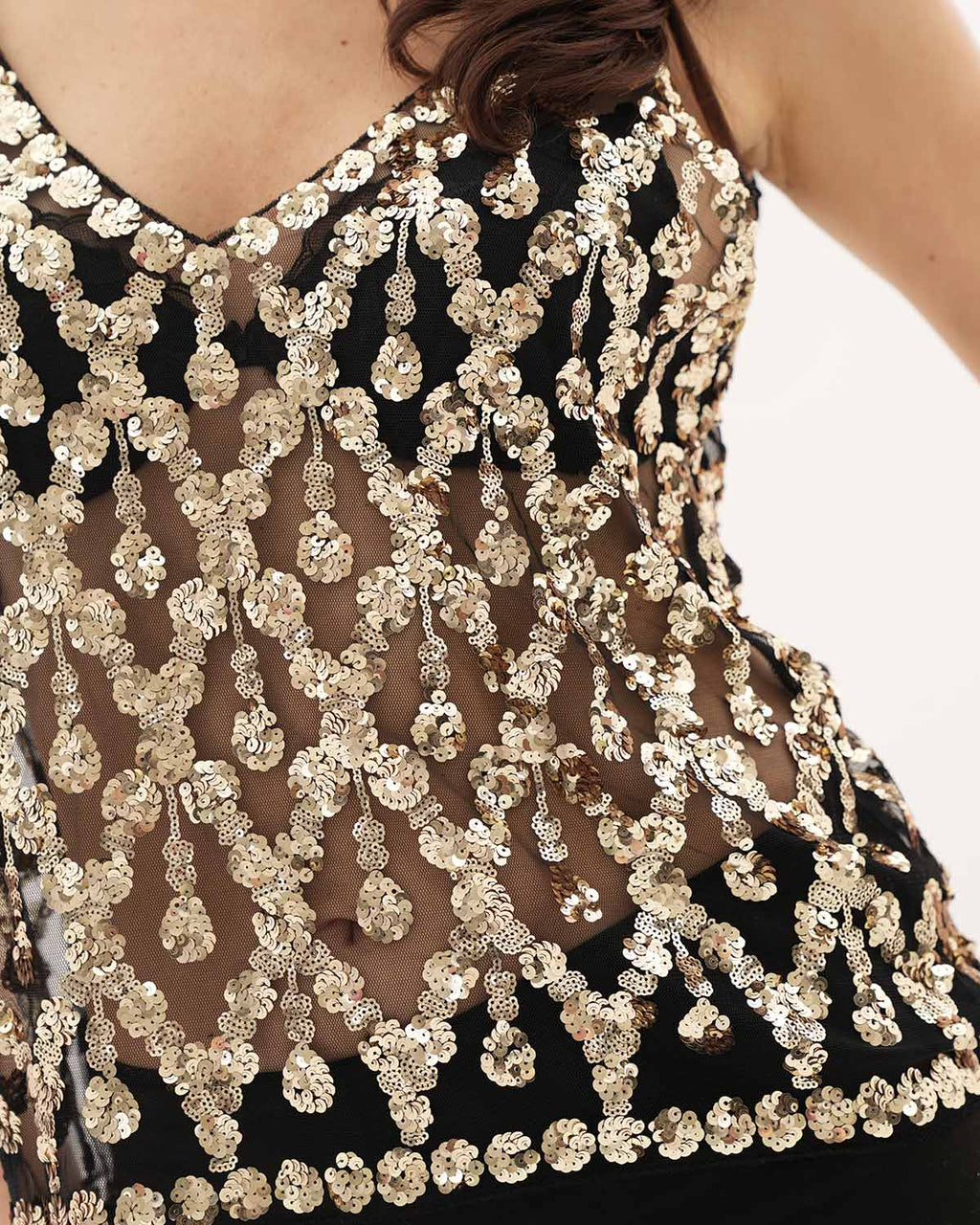 Beaded V Neck Semi Sheer Top for Women – Gold and Black Sequin Elegant Blouse