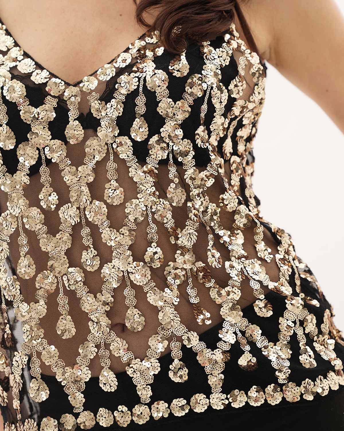 Beaded V Neck Semi Sheer Top for Women – Gold and Black Sequin Elegant Blouse