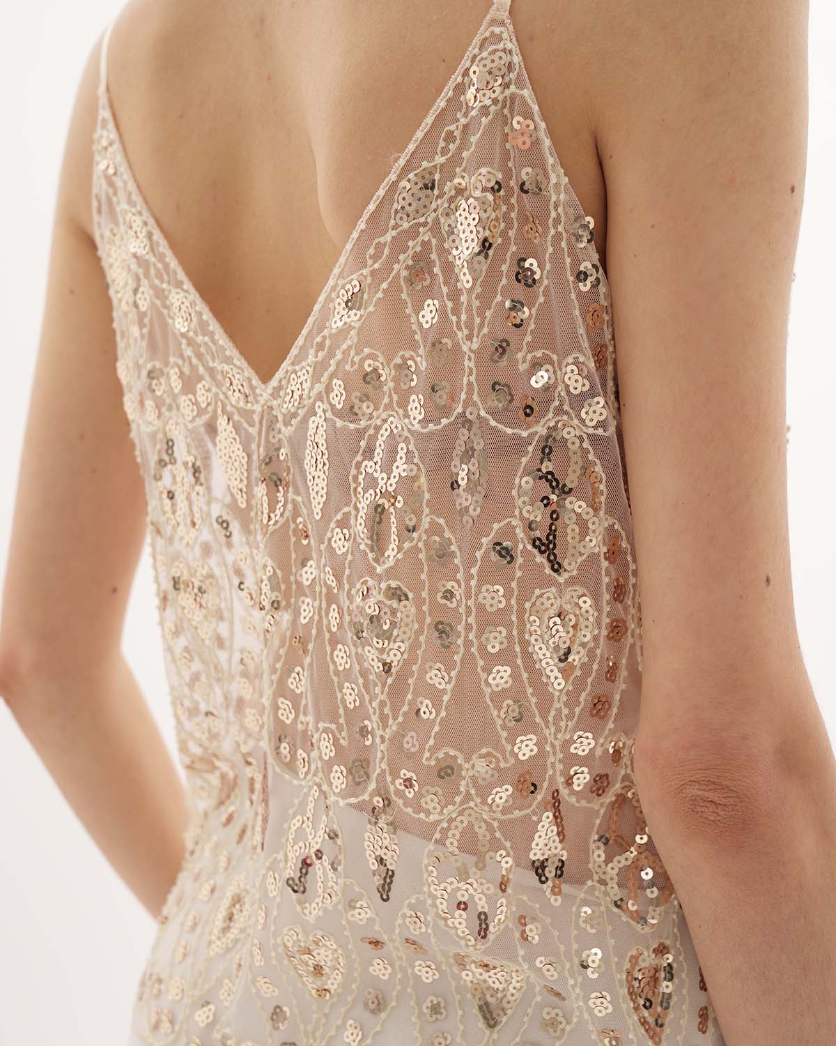 Cream Semi Sheer Beaded V Neck Top for Women – Floral Sequin Elegant Blouse