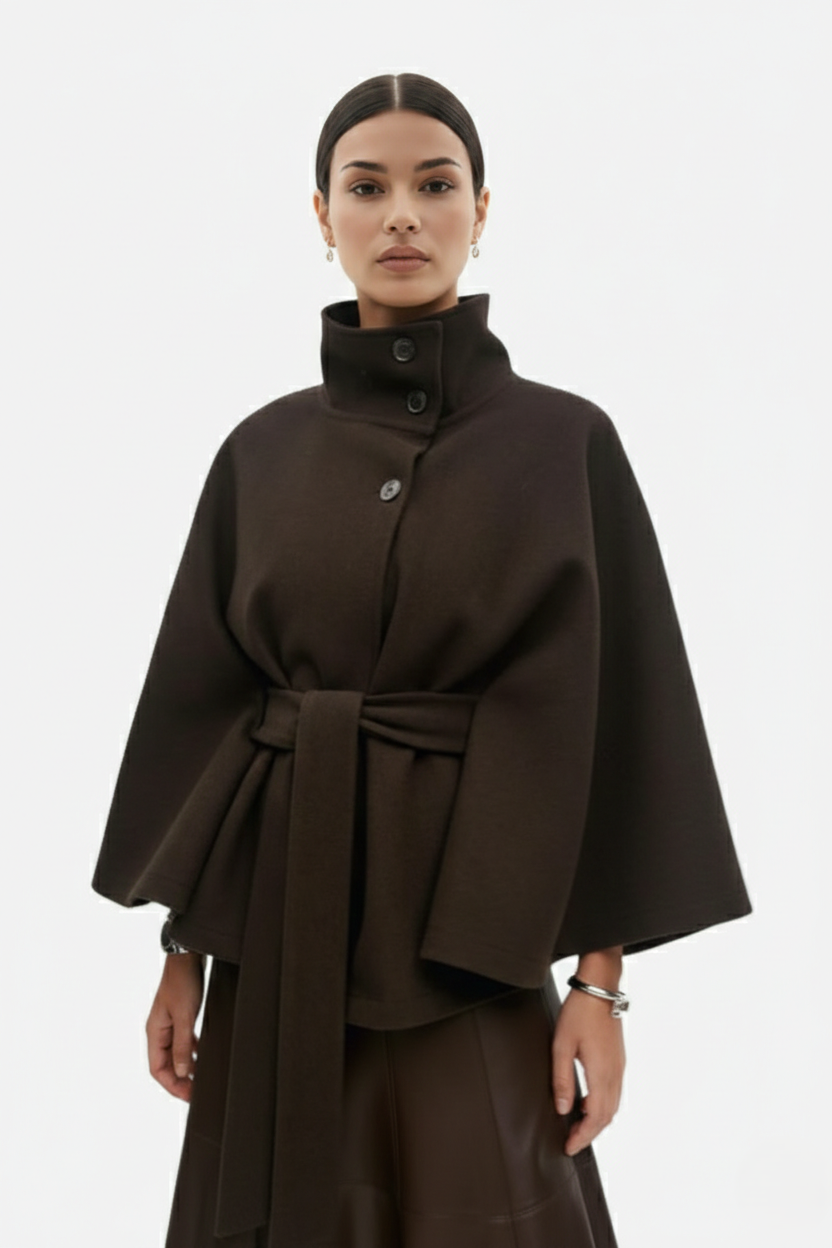 Belted Cape Coat High Neck Button Front
