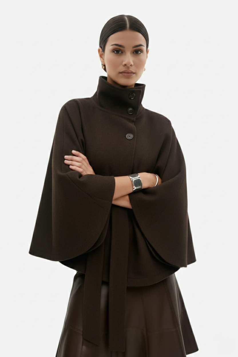 Belted Cape Coat High Neck Button Front