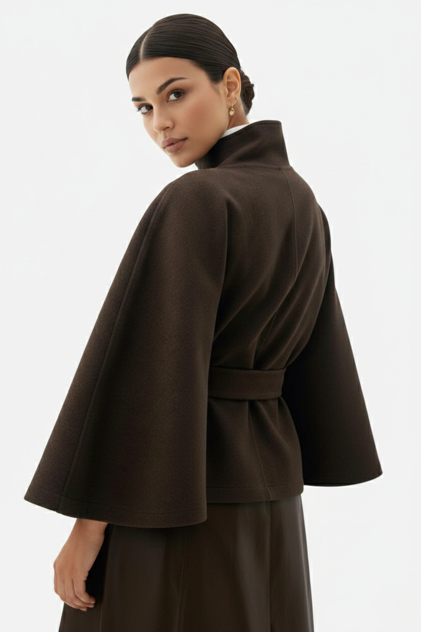 Belted Cape Coat High Neck Button Front