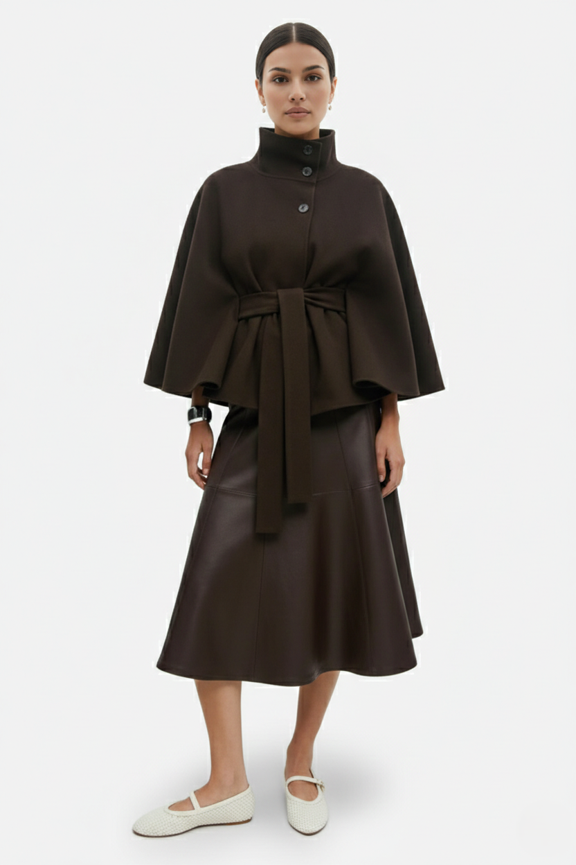 Belted Cape Coat High Neck Button Front