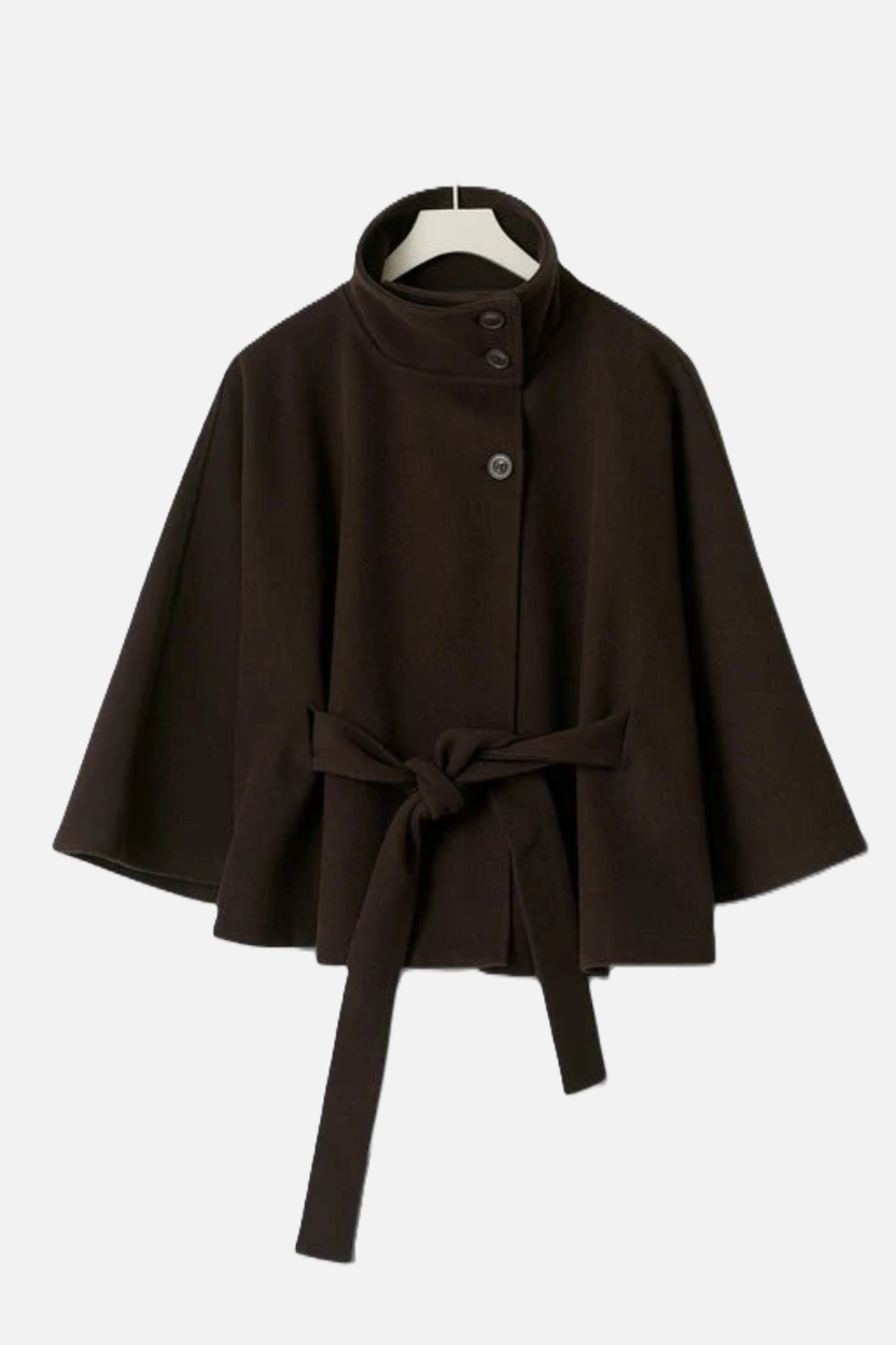 Belted Cape Coat High Neck Button Front