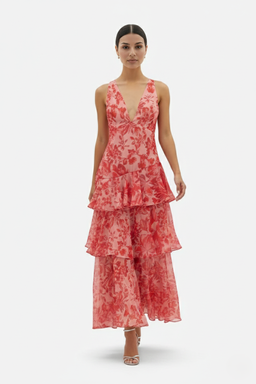 Floral Print Deep V Neck Chiffon Tiered Ruffle Maxi Dress Adjustable Strap Back 