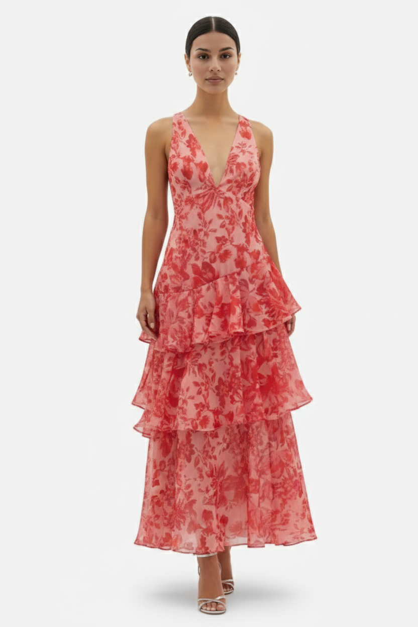 Floral Print Deep V Neck Chiffon Tiered Ruffle Maxi Dress Adjustable Strap Back 