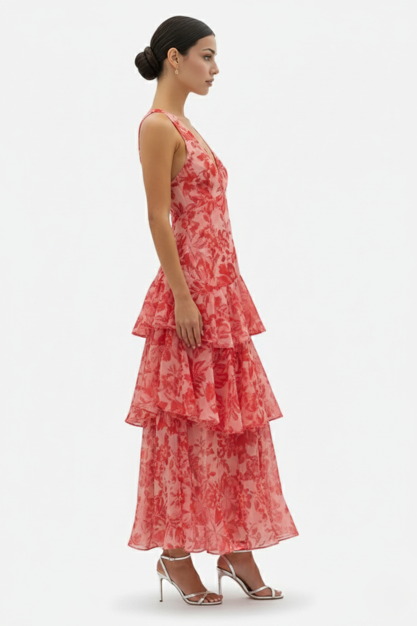 Floral Print Deep V Neck Chiffon Tiered Ruffle Maxi Dress Adjustable Strap Back 
