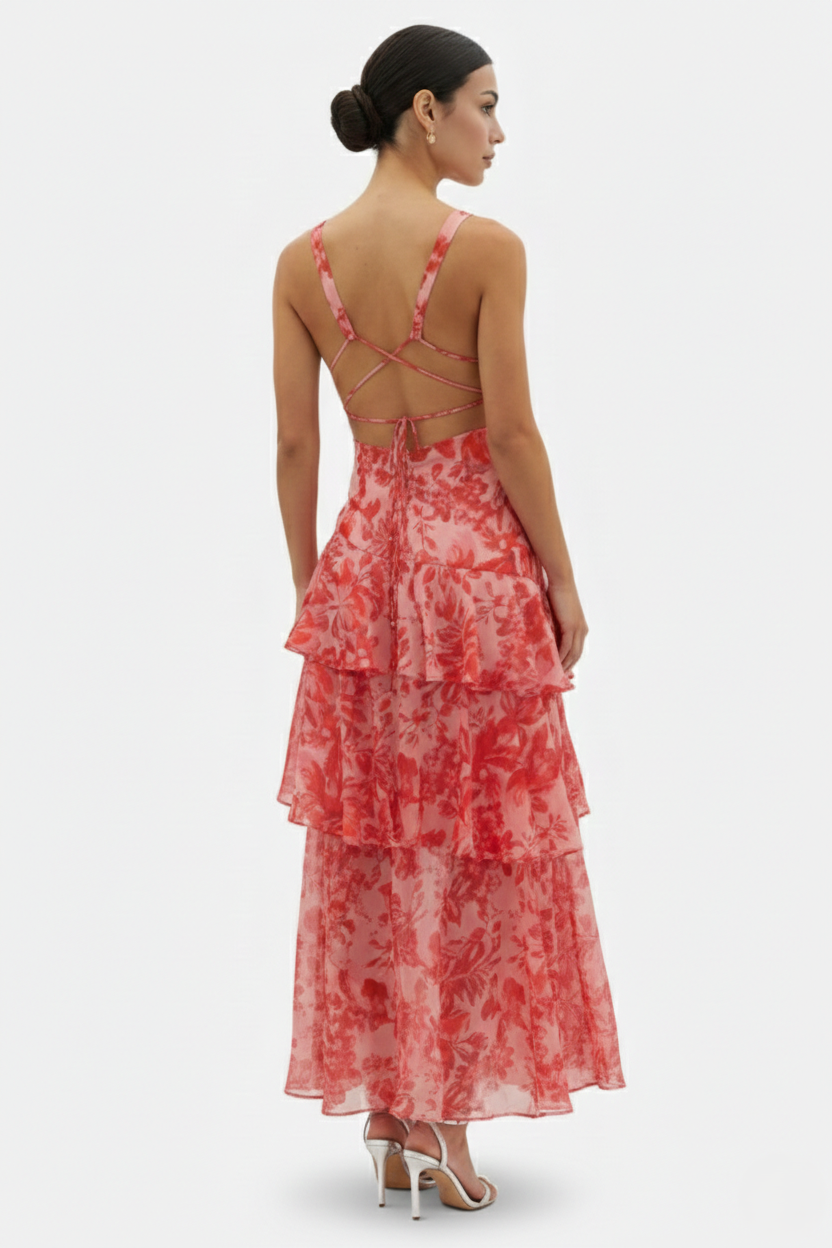 Floral Print Deep V Neck Chiffon Tiered Ruffle Maxi Dress Adjustable Strap Back 