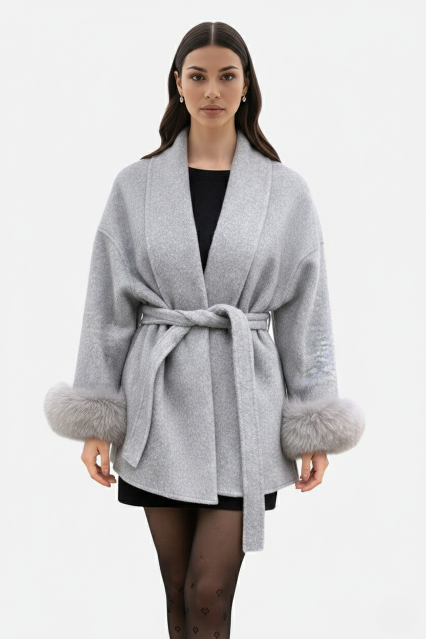 Belted Wrap Wool-Blend Coat Faux Fur Cuff Trim Open Front