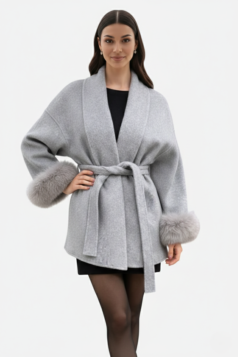Belted Wrap Wool-Blend Coat Faux Fur Cuff Trim Open Front