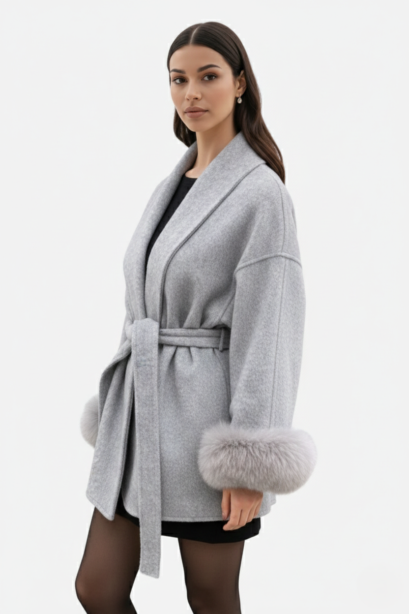 Belted Wrap Wool-Blend Coat Faux Fur Cuff Trim Open Front