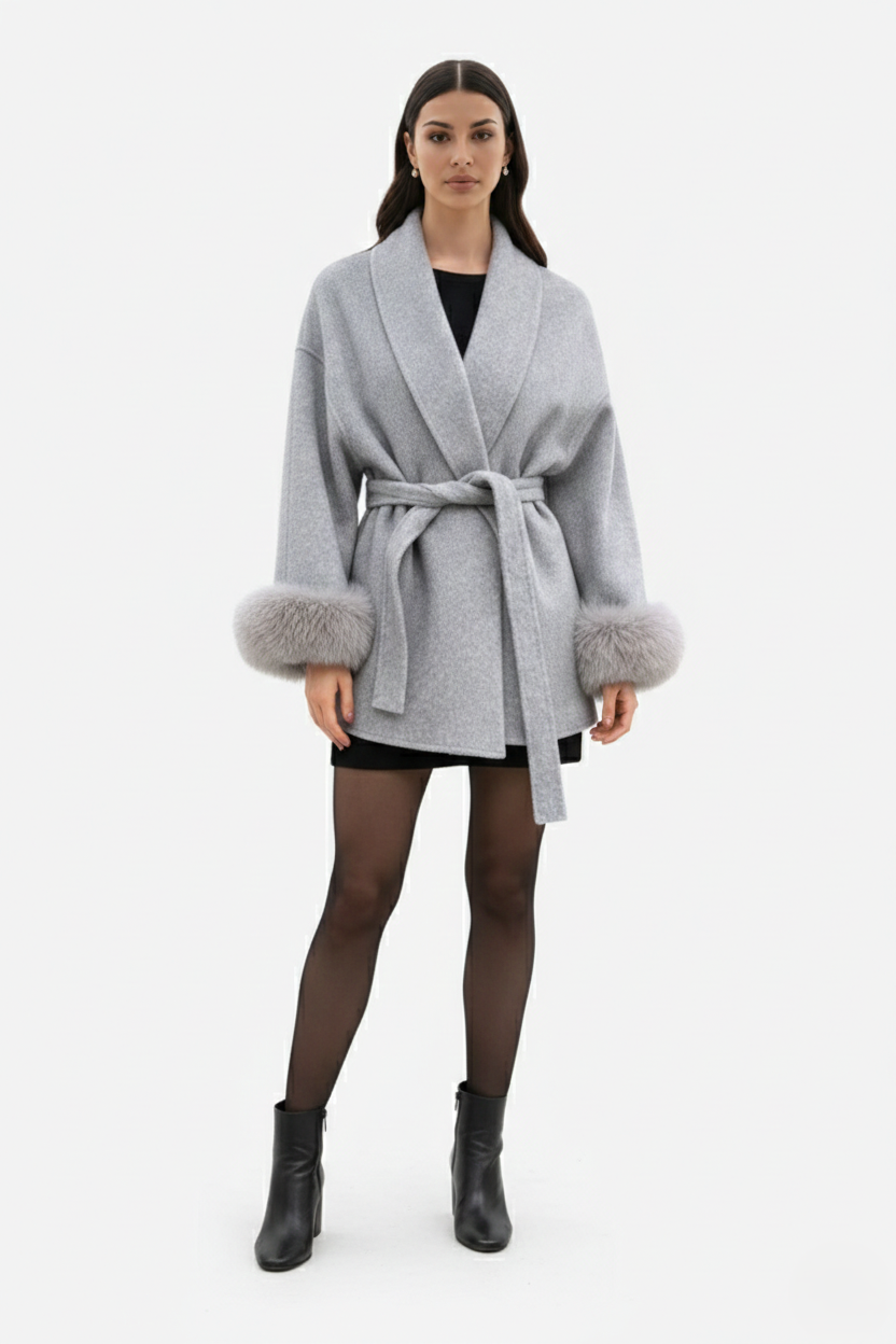 Belted Wrap Wool-Blend Coat Faux Fur Cuff Trim Open Front