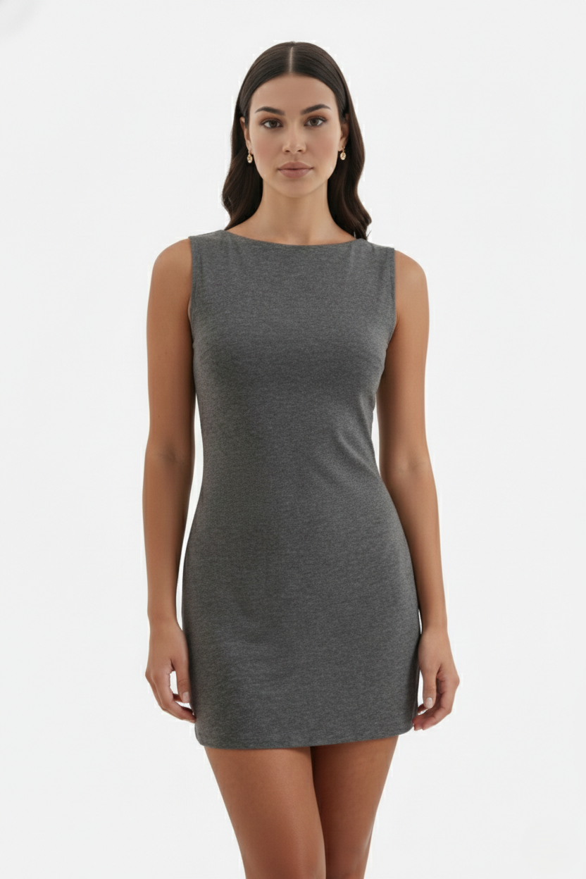 Bodycon Mini Dress Boat Neck Sleeveless Ribbed Knit Basic Stretch