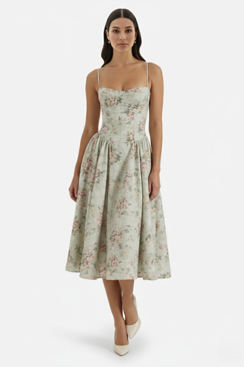 Basque Waist Corset Midi Dress with Spaghetti Straps - Pleated Party Style