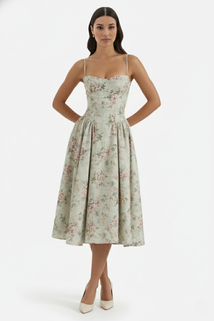 Basque Waist Corset Midi Dress with Spaghetti Straps - Pleated Party Style