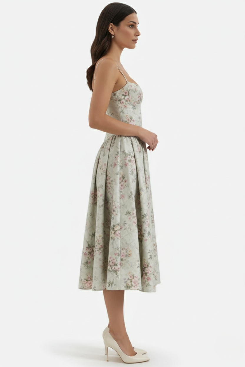 Basque Waist Corset Midi Dress with Spaghetti Straps - Pleated Party Style