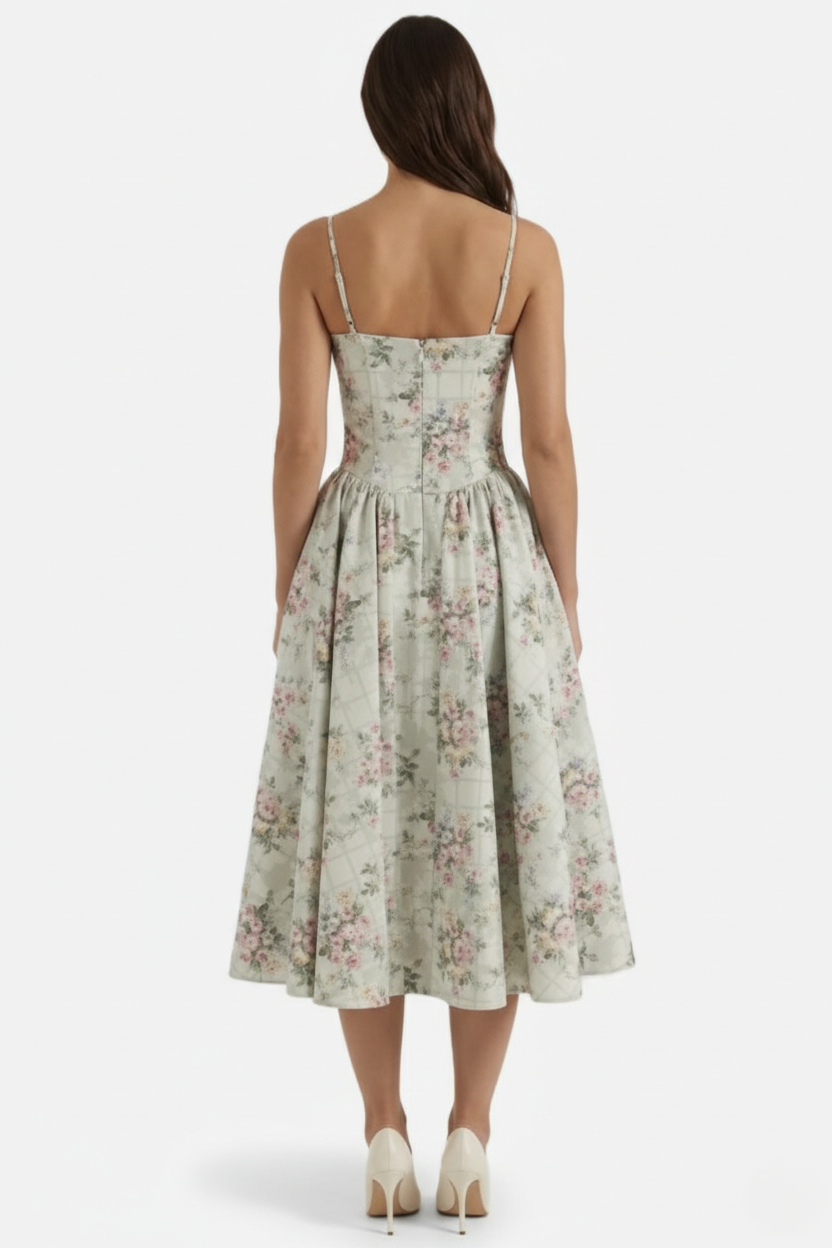 Basque Waist Corset Midi Dress with Spaghetti Straps - Pleated Party Style