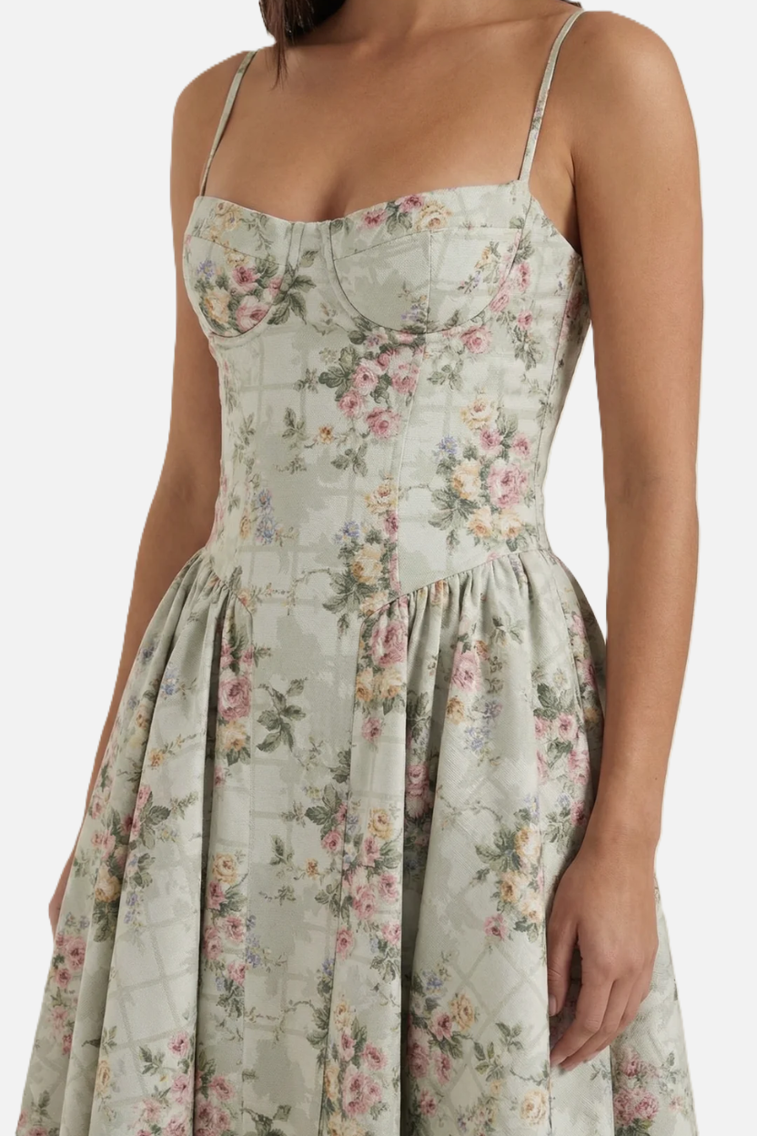 Basque Waist Corset Midi Dress with Spaghetti Straps - Pleated Party Style