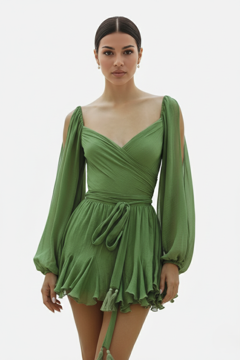 Chiffon Puff Sleeve Lace-Up Back Ruffle Mini Dress