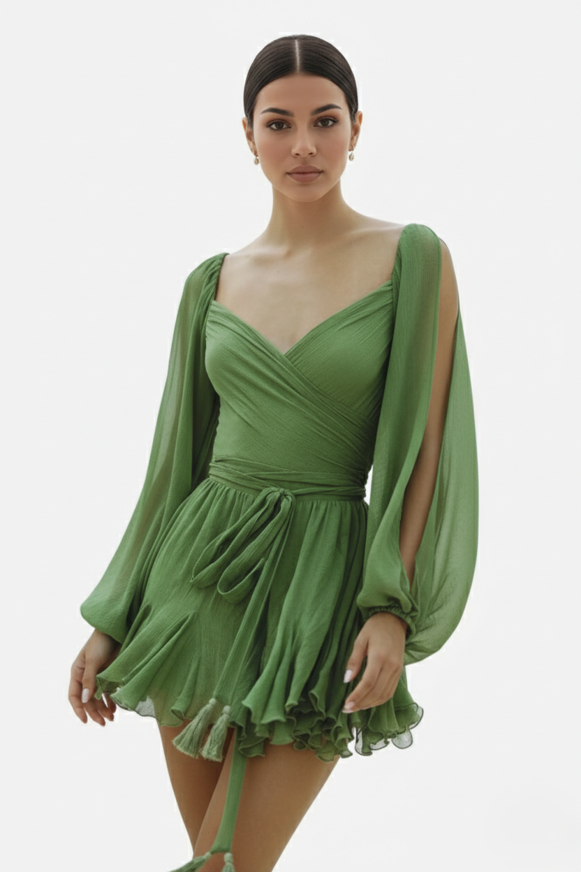 Chiffon Puff Sleeve Lace-Up Back Ruffle Mini Dress