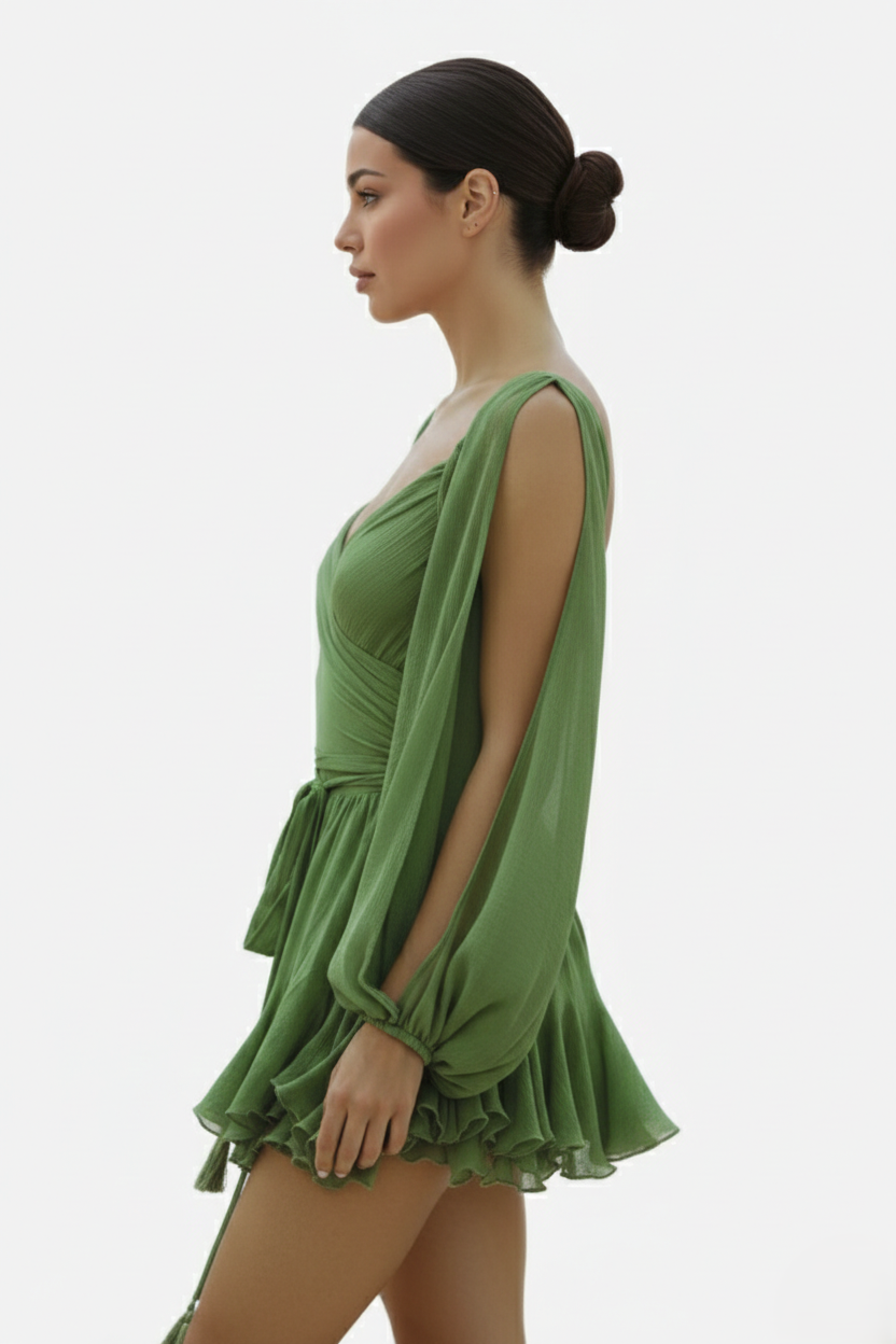 Chiffon Puff Sleeve Lace-Up Back Ruffle Mini Dress