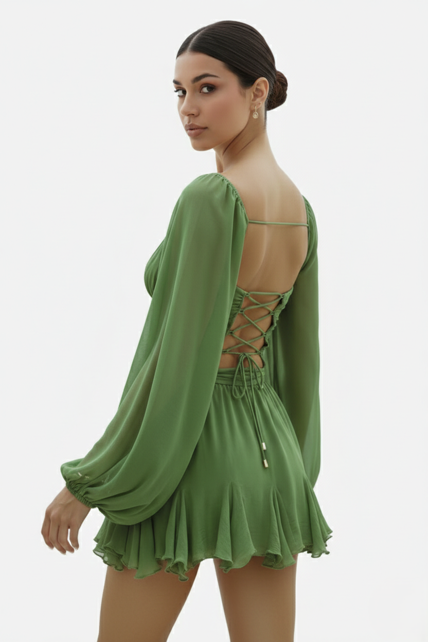 Chiffon Puff Sleeve Lace-Up Back Ruffle Mini Dress