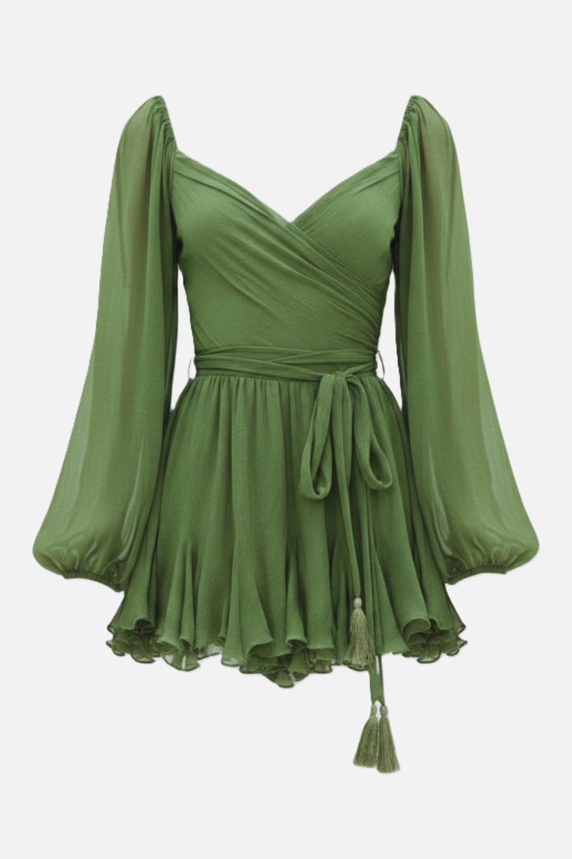 Chiffon Puff Sleeve Lace-Up Back Ruffle Mini Dress