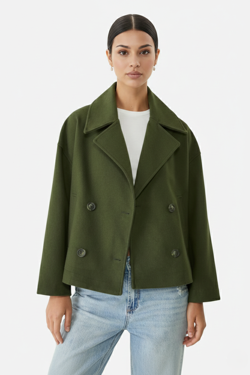 Cropped Double Breasted Blazer Jacket with Wide Lapel