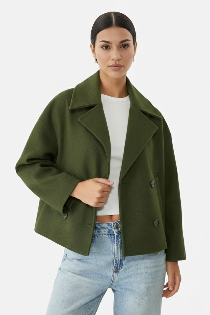 Cropped Double Breasted Blazer Jacket with Wide Lapel