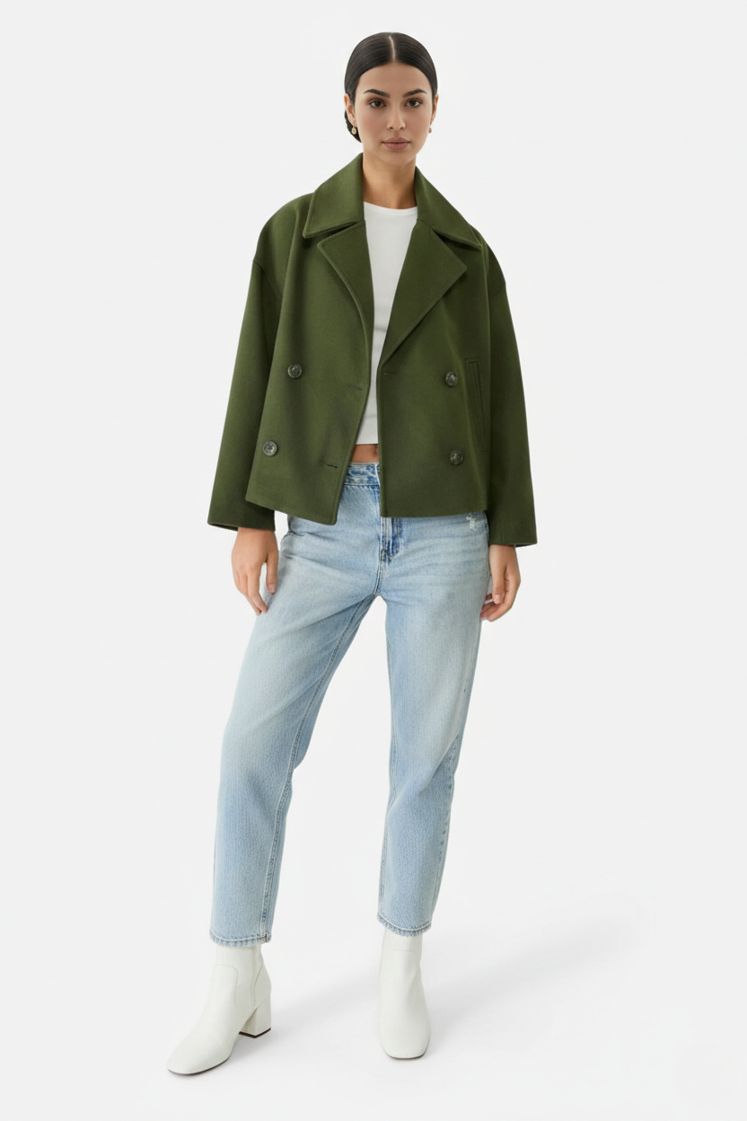 Cropped Double Breasted Blazer Jacket with Wide Lapel