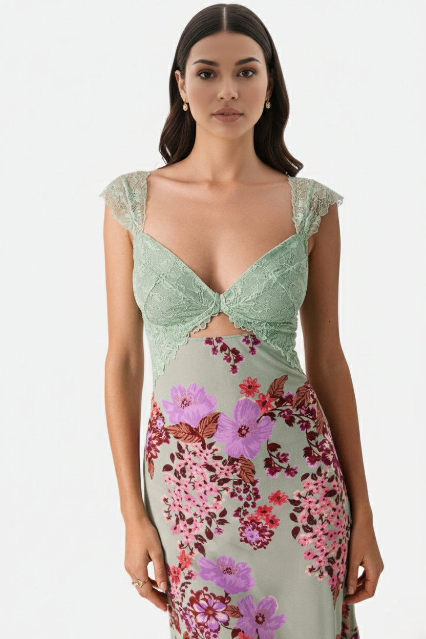 Floral Lace Trim Slip Maxi Dress Side Slit