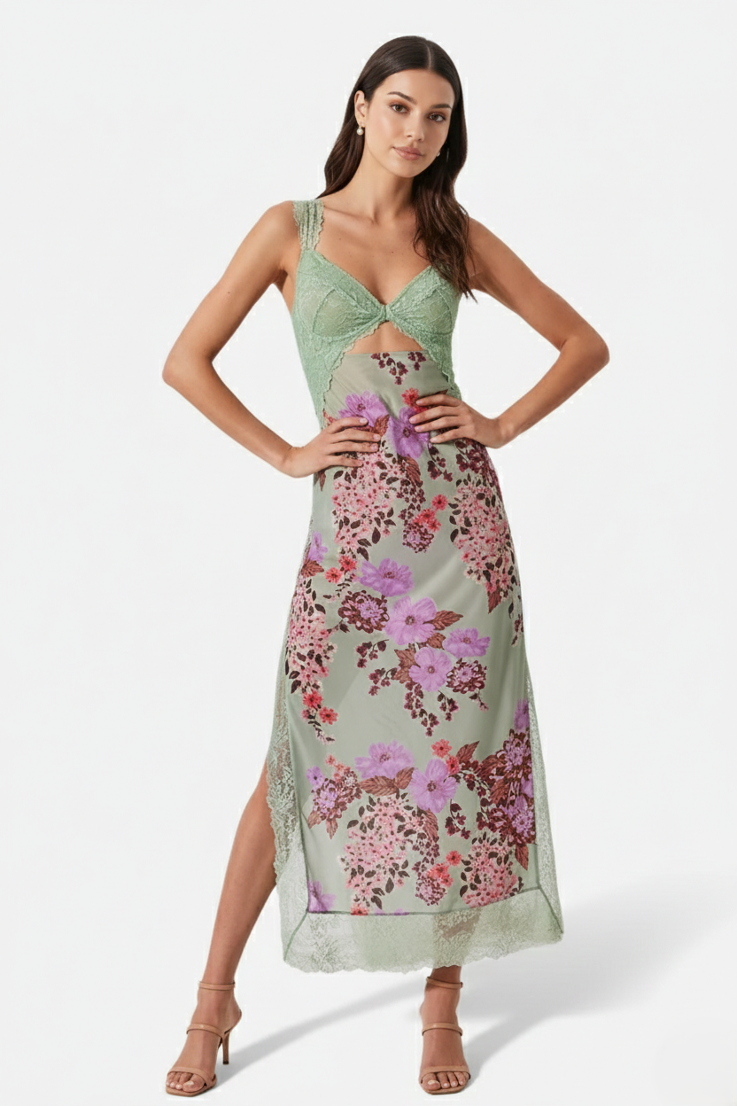 Floral Lace Trim Slip Maxi Dress Side Slit