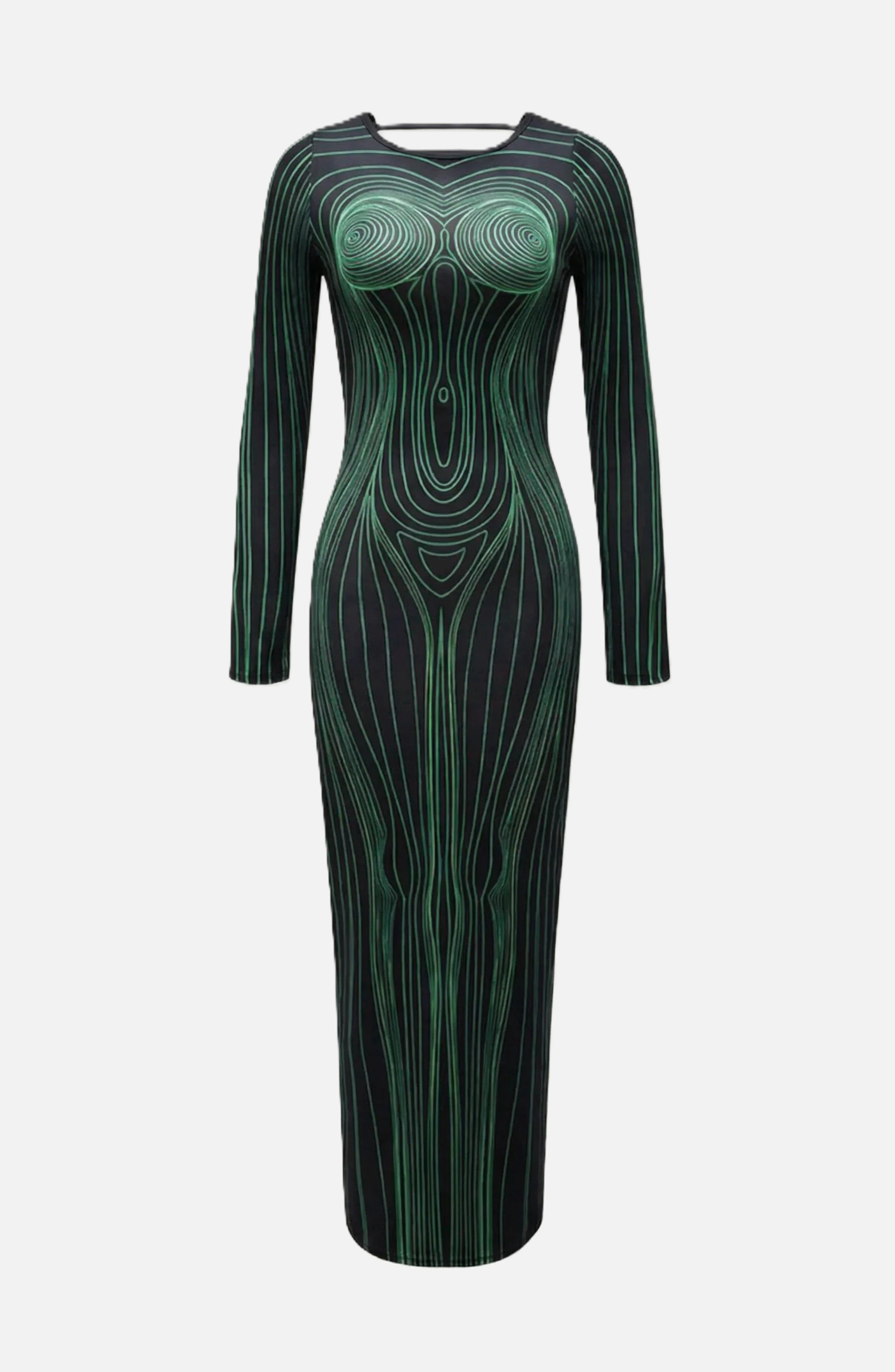 Bodycon Evening Dress with Body Optical Illusion Long Sleeve Maxi Length