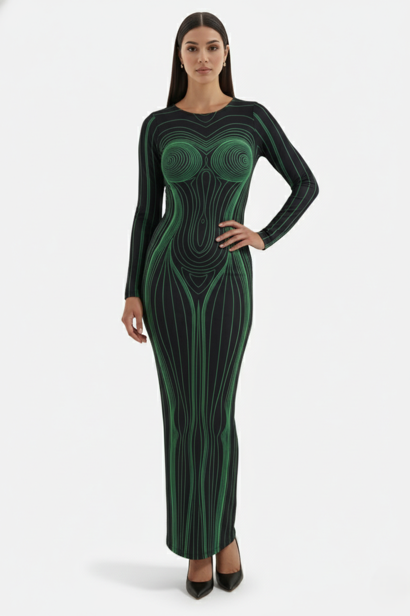 Bodycon Evening Dress with Body Optical Illusion Long Sleeve Maxi Length
