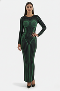 Bodycon Evening Dress with Body Optical Illusion Long Sleeve Maxi Length