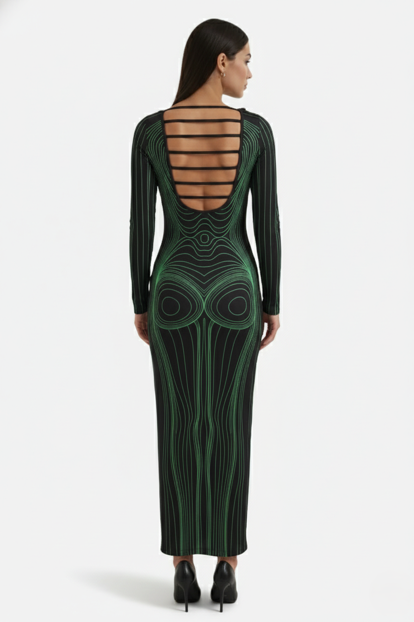 Bodycon Evening Dress with Body Optical Illusion Long Sleeve Maxi Length