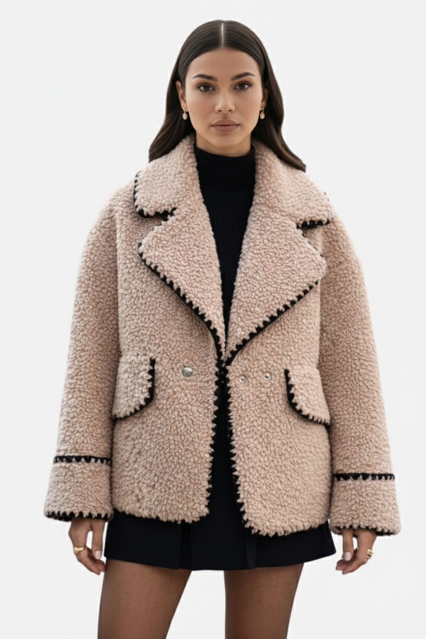 Faux Fur Sherpa Fleece Double Breasted Jacket Notched Lapel