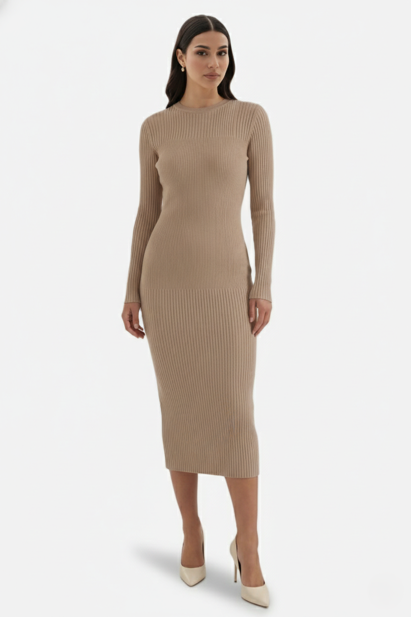 Bodycon Sweater Midi Dress Ribbed Knit Long Sleeve Crew Neck